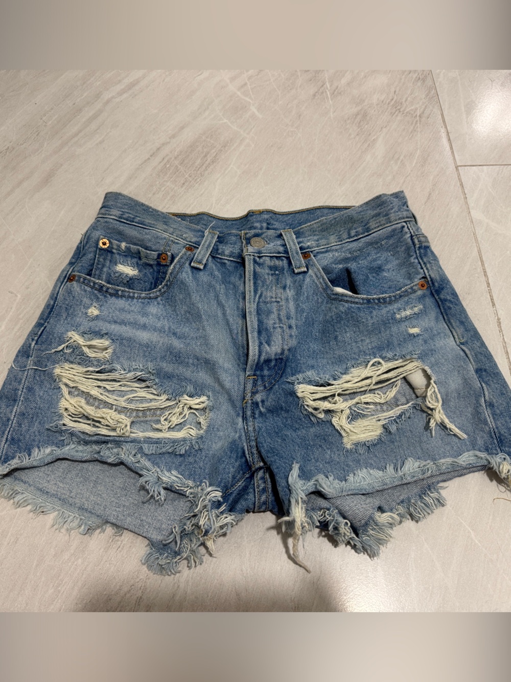Levi's 501 Medium Blue Distressed Denim Cutoff Shorts